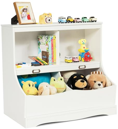 KOMFOTTEU Kinderregal mit 2 Fächern & 2 Aufbewahrungsboxen, Spielzeugregal aus Holz, Aufbewahrungsregal für Spielzeug und Bücher, Bücherregal, 67 x 40 x 62 cm (Weiß)