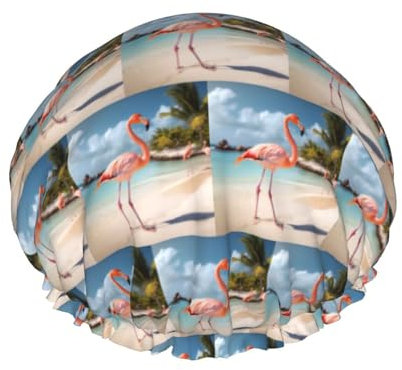Strand-Flamingo-Druck, Duschhaube, elastisch, wiederverwendbar, wasserdicht, doppellagig, Haarkappe für Damen und Herren