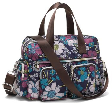 Kono Sac à Main pour Femme avec motif floral, Grand Sac à Porté Épaule Fourre-Tout étanche, Sac à bandoulière Multi-Poches pour le travail, le shopping, les voyages (Marine)