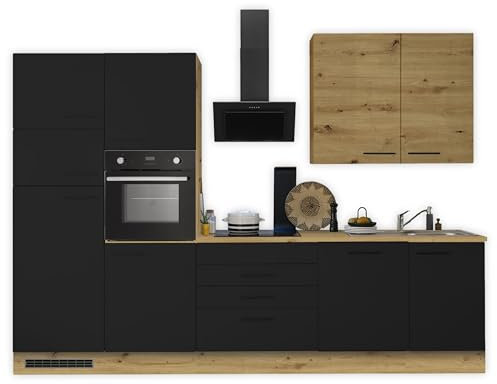 Stella Trading Laureen Moderne Küchenzeile ohne Elektrogeräte in Artisan Eiche Optik, Schwarz - Geräumige Einbauküche mit viel Stauraum - 310 x 211 x 60 cm (B/H/T)