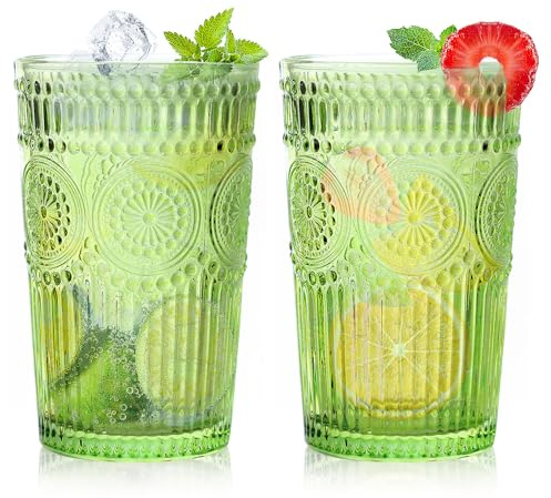 Loivttvv Juego de 6 vasos vintage de 368.5 g, vasos de cristal verde con relieve, acanalados, para cóctel, agua, jugo, café, whisky