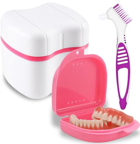 Boîte De Rangement Pour Prothèses, Boîte à Prothèses, Boite Appareil Dentaire, Conteneur De Prothèses Avec Passoire, Avec Brosse De Nettoyage Pour Dentier, Pour Stockage Trempage Nettoyer, Rose