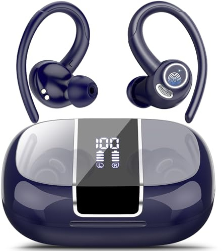 Csasan Bluetooth Kopfhörer Sport, in Ear Kopfhörer Kabellos Bluetooth 5.3 mit Ohrbügel, Hi-Fi Stereo Sound, 48Std Earbuds mit 4 ENC Noise Cancelling Mikrofon, IPX7 Wasserdicht Ohrhörer, Blau