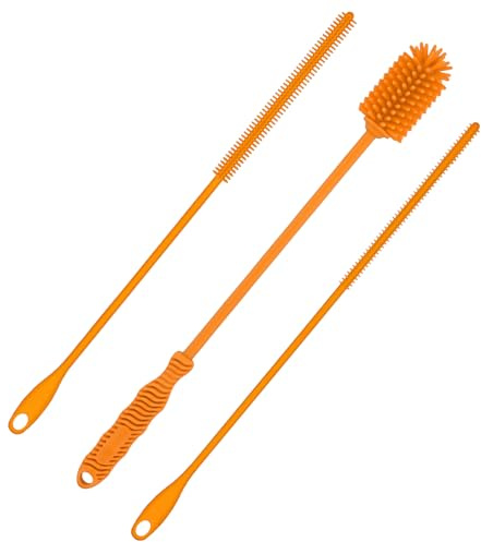 3pcs Silicone Bottle Brush & Straw Cleaner Brush, Reusable Straw Cleaning Brush Water Cup Brush Extra Long Brush Set for Stanley Tumbler & Metal Glass Straws (Orange)
