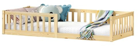 IDIMEX Bodenbett Gustavo mit Rausfallschutz Kiefer Massiv – Natur 90 x 200 cm Bodenbett mit Rausfallschutz Montessori-Kinderbett