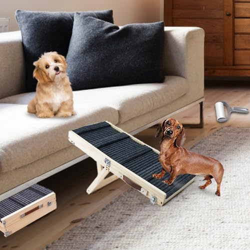 Aitakatta Rampa per Cani per Letto, Rampa Pieghevole Portatile Regolabile per Animali Domestici, Rampa in Legno Lunga 66 cm con Tappetino Antiscivolo per Cani di Piccola Taglia, Scala da Arrampicata
