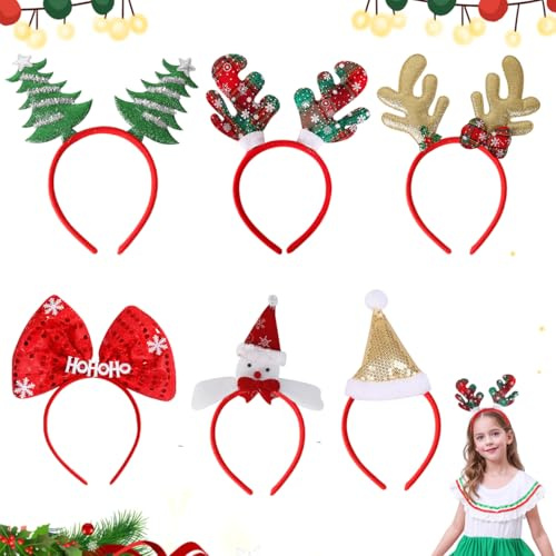 XLZJYIJ 6 Stück Haarreifen Weihnachten Stirnband Weihnachten Kopfschmuck, Weihnachts Haarreif Rentier Geweih Weihnachtsbaum Weihnachtsmütze, Weihnachts-Stirnbänder für Erwachsene und Kinder