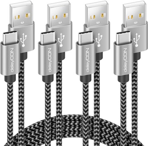 deleyCON SET di Cavi USB-C (4 Pezzi - 0,5m 1m 2m 3,0m) Nylon Cavo di Ricarica Cavo Dati USB Tipo C Spina in Metallo Ricarica e Sincronizzazione del Telefono Cellulare e Dello Smartphone