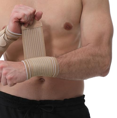 NEOtech Care - fascia di supporto per polso - cinghia di compressione regolabile - tessuto elastico e traspirante - per tennis, sport, ginnastica - uomo/donna - mancini e destrosi (Beige, M, 1 Paio)