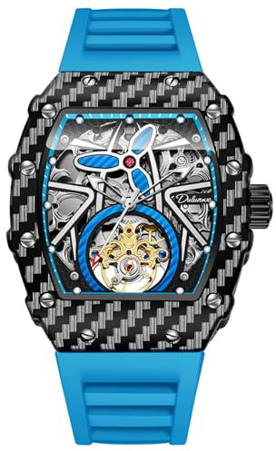 DAXIAOYU Lyxigt ihåligt skelett Tourbillon armbandsur militär automatisk mekanisk herrklockor vattentät självlysande mode Tonneau silikonrem klocka, BLÅ, Lyx