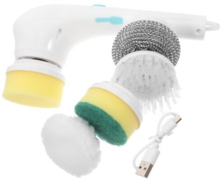 PRETYZOOM Spazzola Elettrica di Pulizia Bianca, 5 in 1, Testine Intercambiabili, Pulizia Efficiente, per Lavelli e Piastrelle