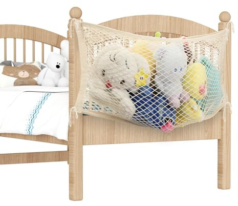 LAHAQIQI Spielzeug Kuscheltier Aufbewahrung Netz für Kinderzimmer，Bettseite Stofftier Organizer Hängend Baumwolle Netztasche mit Tethe für Kinder (Beige, 1 Stück)