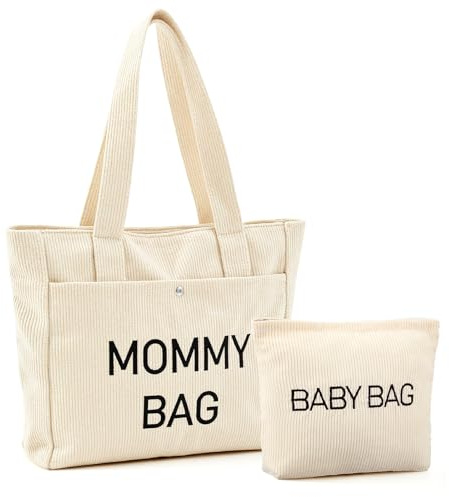 Xuniea Set de 2 Cadeaux pour Futures Mamans Grand Sac Seau en Velours Côtelé MOMMY BAG Trousse de Maquillage de Femme Enceinte BABY BAG Sac à Main Zippé pour Nouvelle Maman Femme Baby Shower Annonce