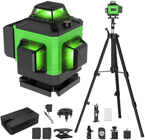 Laser Level with Tripod Self Leveling 4 x 360°, 4D 16 Lines Green Laser Level with 2 x 2400mAh Batteries, Adjustable Tripod, Adjustable Brightness Pulse Mode, Swivel Base Remote Control Wall Bracket