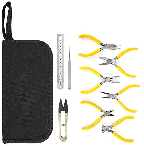 Kit de herramientas de alicates de joyería profesional de 9 piezas con caja de almacenamiento, material de acero amarillo, incluidos alicates de nariz doblado plano para el
