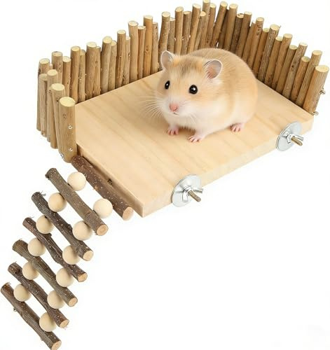 CYTGOUPER Hamster Spielzeug Hamsterplattform, Hamster Etage aus Holz mit Sicherheitszaun, Kletterspielzeug für Meerschweinchen, Rennmaus, Ratten, Goldbär, Vogel (Schraubentyp)