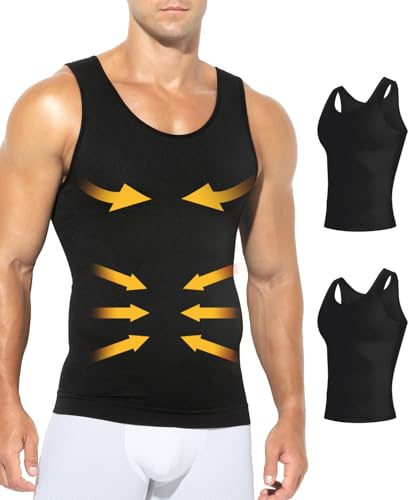 Casey Kevin Shapewear herr magkontroll undertröja kroppsformare för män kompression linne män kompression underkläder (2-pack), X2-svart x 2, XXL