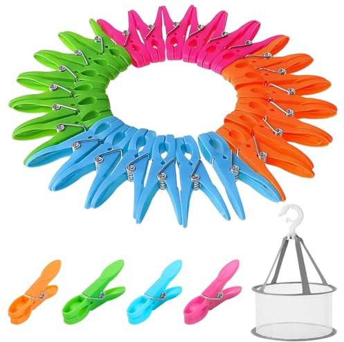 48 Pinzas Pinzas para la Ropa de Plástico de Colores con Cesta Resistente al Viento, Pinzas de Tender Que No Dejan Marca para Toallas de Playa, Ropa, Toallas de Baño, Ropa Interior y Calcetines