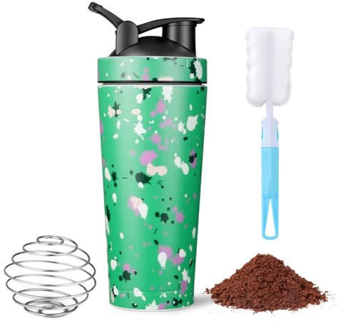 AOOWU Coctelera de Proteína de Acero Inoxidable, 750ml Botella Batidora de Proteínas con Bola Mezcladora, Protein Shaker con Cepillo limpieza, BPA Libre, Coctelera de Proteína Sport Fitness