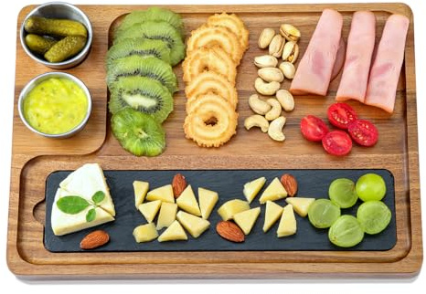 LiWiBet Wooden Slate Serving Board Charcuterie Boards with 2 Bowls, 100% Solid Acacia Wood Cheese Board Serving Plate Tray Platter for Bridal Shower Gifts Wedding Gifts Housewarming