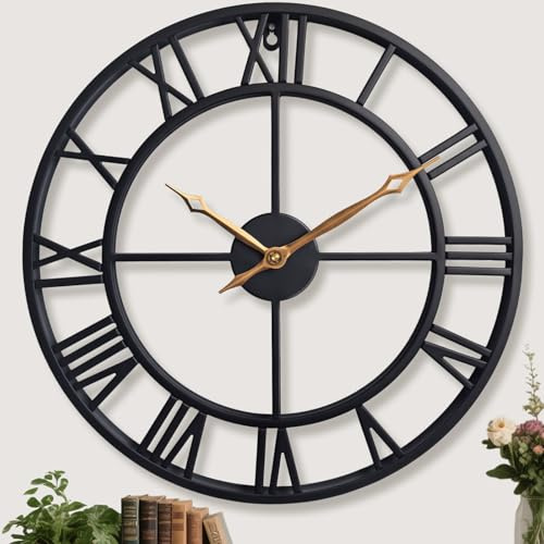 BBALOVEDRE Wanduhr Groß 47 cm aus Schwarzem Metall, Modern und Lautlos | Große Wanduhr Vintage mit Römischen Ziffern, ohne Tickgeräusche, Wanddeko für Wohnzimmer, Küche, Schlafzimmer und Büro