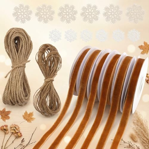 IDONGCAI Velvet Ribbon Craft Kit, Burnt Orange Ribbon, Rustic Twine & Lace