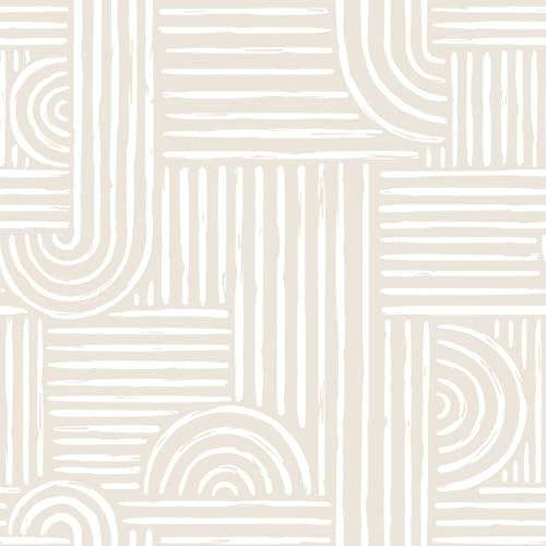 VEELIKE Papier Peint Géométrique Beige Rétro Neutre Papier Peint Geometrique Bohème Milieu du Siècle Papiers Peints Decoratifs Chambre Salle de Bain Adhesif pour Meuble Amovible 44,5 cm × 300 cm