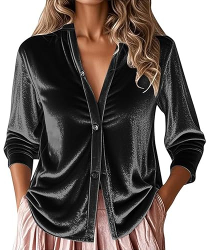 Camicia retrò da donna in velluto, con scollo a V, casual, tinta unita, per tutti i giorni, morbida, a maniche lunghe, traspirante, da lavoro, a maniche lunghe, in velluto, per autunno e inverno, Nero