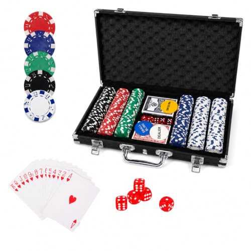 PLAYWUS Pokerset inkl. 2X Pokerdecks, 5X Würfel, Dealer/Small Blind/Big Blind Button, Pokerspiel Alu Pokerkoffer Laser Pokerchips Set, Kartenspiele Aluminium Kasino (300 Chips/Schwarz)