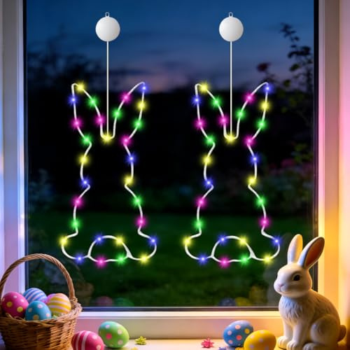Osterdeko Led Fenster Licht, 2 Stück Osterhase Lichterkette Ostern Deko mit Saugnapf und Timer Batteriebetrie, LED Osterbeleuchtung Osterdeko zum Aufhängen, Osterdeko Innen Draußen für Fenster