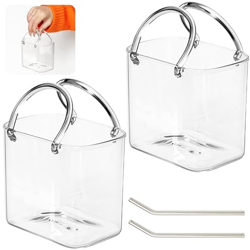 BONJUME 2PCS Copas, 750ML Copas De Mano De Vino Transparentes Con Asas Para Mujer Botella De Vino Cuadrada De Cristal Decorativa Y Moderna Hecha A Mano Para Zumos De Frutas Té Flores Y Peces Pequeños