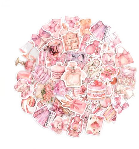 100Pcs Transparent Pink Aesthetic Stickers, Waterproof Cute Decals for Scrapbooking, Journaling Collage, Vintage Water Bottle Stickers for Laptop, DIY Crafts, Gifts for Girls and Women