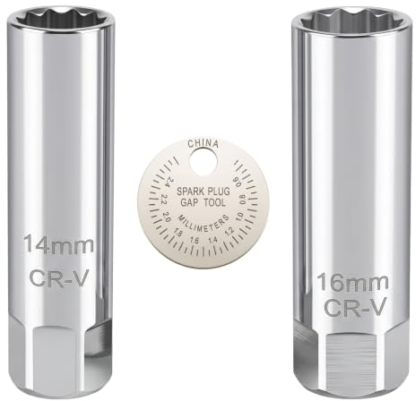 3 stycken tändstiftsnyckelset, tändstiftsnycklar 14 mm och tändstiftsnyckel 16 mm, 12-kant, tunnväggig, 3/8, tändstiftsmätare, 0,45–2,6 mm, 0,02–0,1 tum, lämplig för bilar, motorcyklar
