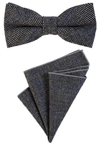 DonDon herrfluga 12 x 6 cm med matchande näsduk 23 x 23 cm båda gjorda av bomull i tweed-look blå-svart-grå rutig