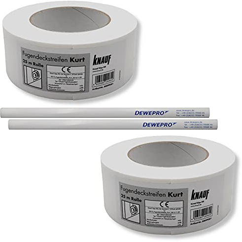 DEWEPRO 2 St. KNAUF® Kurt Fugendeckstreifen - 25m Rolle - reißfester Papier-Bewehrungsstreifen zur Verspachtelung von Gipskartonplatten und Gipsfaserplatten - im Set inkl. 2 St Zimmermannsbleistift