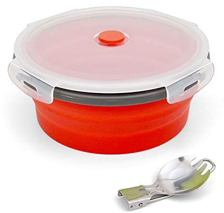 Ewrap 1200 ml runde zusammenklappbare Campingschale, Silikon-Aufbewahrungsbehälter für Lebensmittel, Silikonschale mit Deckel und faltbarem 2-in-1-Löffel, Gefrierschrank und Mikrowellen-Safe, rot