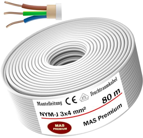 MAS-Premium Feuchtraumkabel Stromkabel von 5 bis 100m Mantelleitung NYM-J 3x4 mm² Elektrokabel Ring für feste Verlegung (80m)