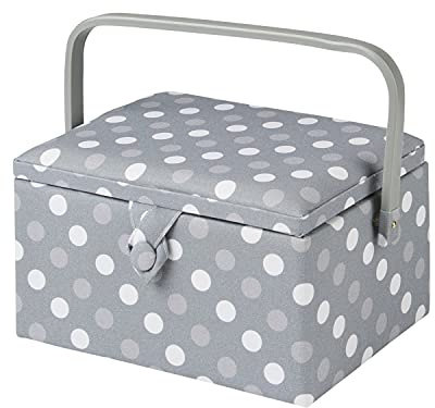 Sewing Online Medium Sewing Box,Grey Spot Fabric | 26 x 18 x 15cm | Storage and Organiser Basket with Compartments for Sewing Supplies,Accessories,Thread,Needles,and Scissors - GA1129M