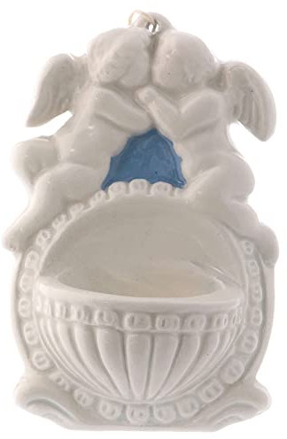 Holyart Acquasantiera Due angioletti Sfondo Blu 10x10x5 cm Ceramica Deruta