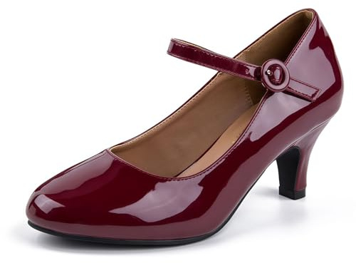 Women's Vintage Mary Jane Pumps Kitten Heels Closed Round Toe Low Heel Ankle Strap Retro Heels Office Work Wedding Shoes Wine Red Patent US 8.5