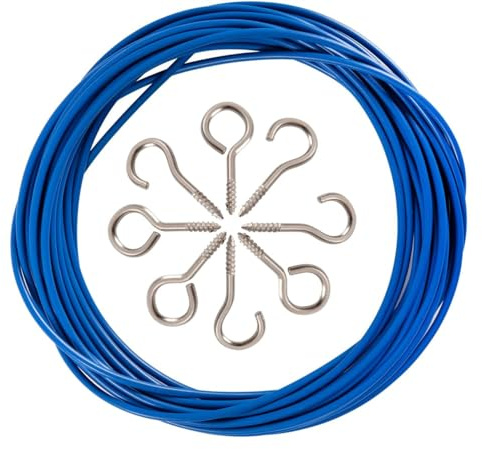 ASIWUJING 10 m Netzvorhangdraht mit 30 Ösenschrauben, 30 Stück Schraubhaken für Gardinenstangen (blau)