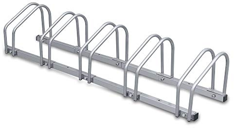Tubiaz Cykelställ 5 cyklar, säkert hjulstativ även för mountainbikes och elcyklar, golv- eller väggmontering, flera stativ stål för garage och trädgård, 130 x 32 x 26 cm silver