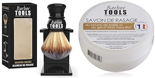 Barber Tools Blaireau de Rasage avec Porte & Savon de rasage 150ml au gel d'Aloé Vera Bio et au Beurre de Karité - Fabriqué en FRANCE ✮ BARBER TOOLS ✮