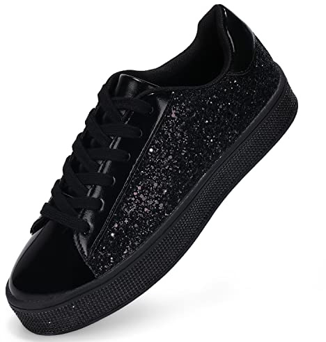 Womens Glitter Fashion Wedding Sneakers Dressy Sparkly Twinkle Sneakers Rhinestone Bling Shoes for Women Black Size 7.5