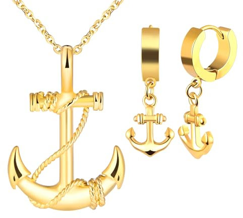 INFINIONLY Herren Edelstahl Halsketten und Ohrringe Schmuck-Sets Vintage Ketten mit Anker Anhänger für Teenager Mode Anker Creolen Ohrstecker für Jungen Damen, Gold
