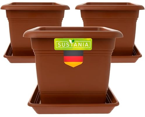 SUSTANIA Pflanzkübel Eckig 28x28 Terracotta 3er Set - Robuster Blumentopf GroÃŸ, Ãœbertopf Ideal für Tomatenpflanzen, Eckige Pflanztöpfe Kunststoff für Garten & Balkon