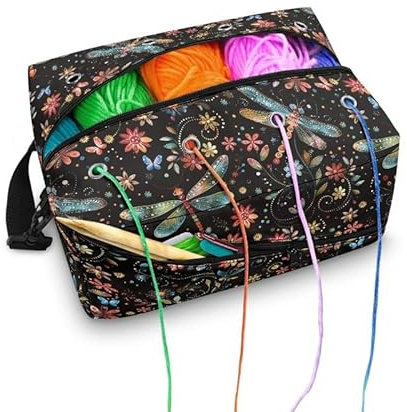Kuiaobaty Aufbewahrungstasche mit Libellen-Blumenmuster, Häkeln, Garn, Stricken, Wolle, Aufbewahrungstasche mit Tasche, Häkelprojekt-Taschen für Wolle und Nadeln