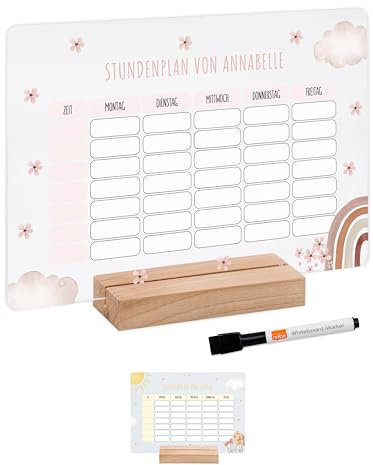 Bärenfreunde - Personalisierbarer & Abwaschbarer Stundenplan aus Acryl + Stift, Holzhalter - Einschulung Geschenk, Schultüte zum Schulanfang oder Grundschule (Regenbogen Blumen,ohne Holzhalter)