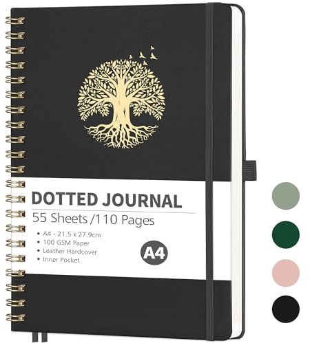 RETTACY Bullet Dotted Journal, taccuino A4 con copertina rigida in pelle, 110 pagine per scrivere, quaderno per schizzi in pelle con copertina rigida, con segnalibro, stencil per diario, tasca