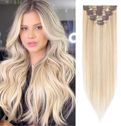 S-noilite Clip in Extensions Echthaar Aschblond/Bleichblond Haarverlängerung Echthaar Clip in Extensions Remy Menschliches Haar 60g 35cm Dünn Tressen 8 Tressen #18/613